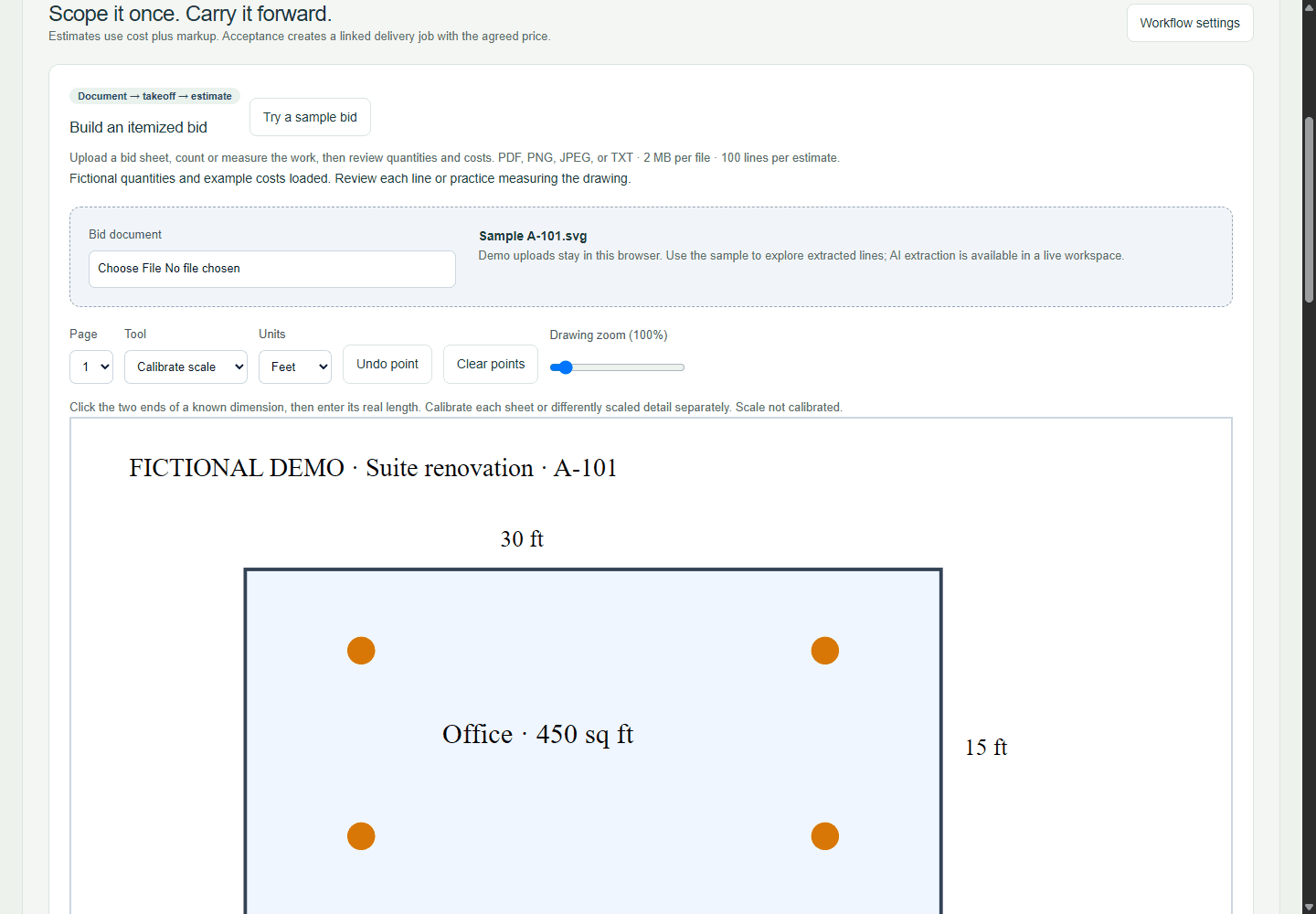 Estimating & takeoff workspace showing fictional sample records