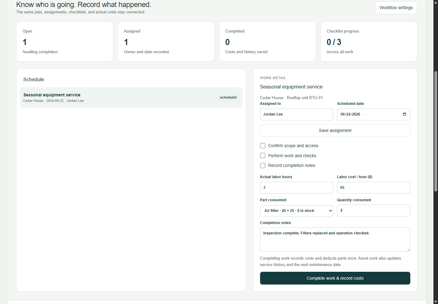 Field operations workspace showing fictional sample records