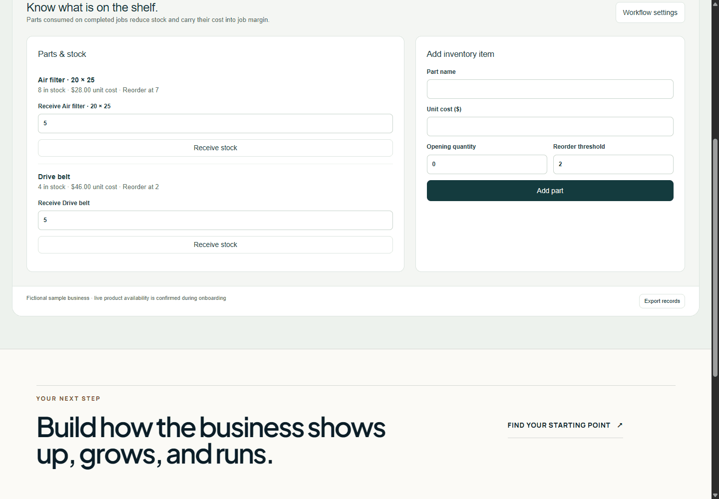 Inventory workspace showing fictional sample records