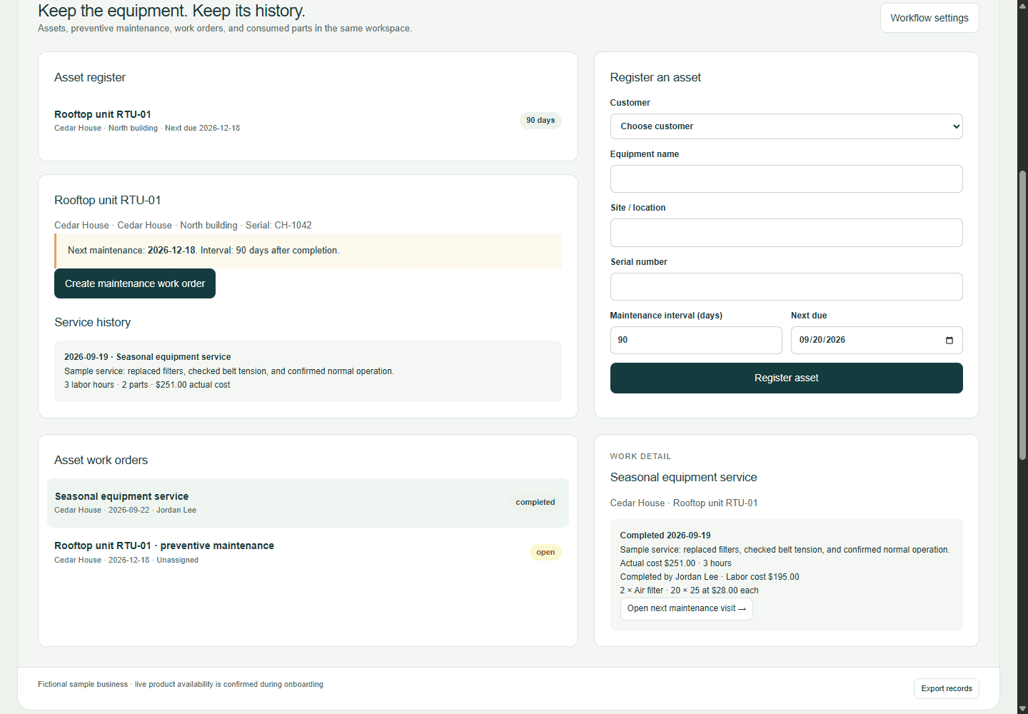 Maintenance & CMMS workspace showing fictional sample records