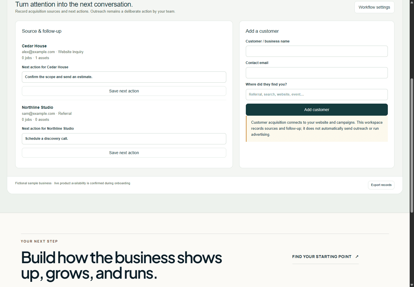 Growth & follow-up workspace showing fictional sample records