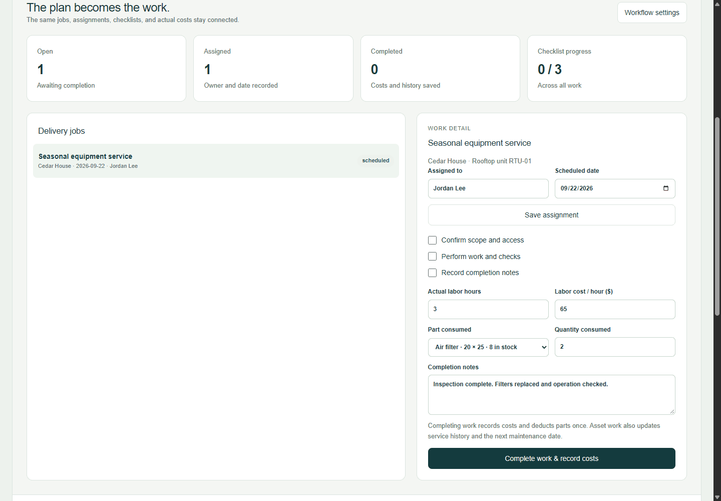 Project management workspace showing fictional sample records